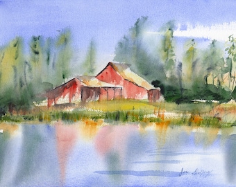 North Carolina Red Barn Landscape Painting, Watercolor Farm Painting, Watercolor Print, Country Decor