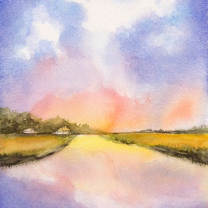 Sunset Marsh Coastal Landscape Watercolor Painting, Nautical Wall Art, Original Seascape Painting, Watercolor Print, Cape Cod Art