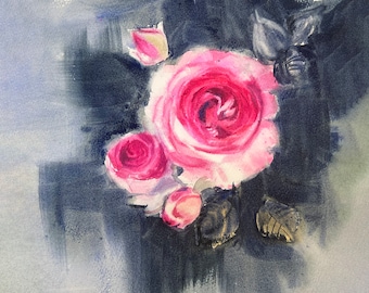 Ręcznie robiony obraz akwarelowy z różową różą: kwiatowy druk giclee
