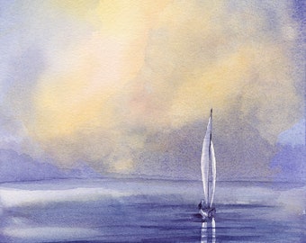 May include: A watercolour painting of a sailboat on a calm, blue body of water. The sky is a soft purple and yellow, with a single cloud in the upper centre of the image.