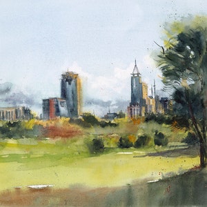 Watercolor Raleigh Skyline Giclee Print: NC Art, Dix Park View