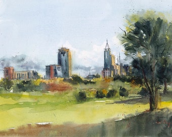 Watercolor Raleigh Skyline Print, Dix, Raleigh Art, Raleigh Print,Raleigh Gift, North Carolina, Raleigh downtown painting, watercolor print