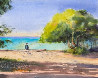 Impression aquarelle de plage hawaïenne : art du paysage de Maui
