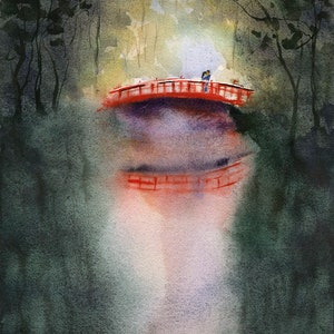 May include: Watercolour painting of a red bridge over water, with a couple standing on the bridge. The bridge is surrounded by trees and foliage, with a soft, diffused light in the background. The painting has a serene and romantic feel.