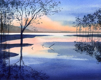 Sunset at Jordan Lake, Fall Decor, Gifts for Mom, North Carolina art, Gift for him, Watercolor Print, Landscape painting, Sunset art