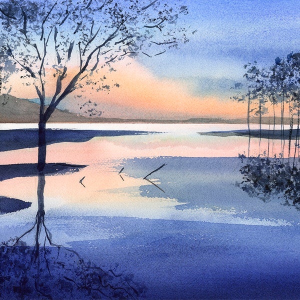 Sunset at Jordan Lake, Fall Decor, Gifts for Mom, North Carolina art, Gift for him, Watercolor Print, Landscape painting, Sunset art
