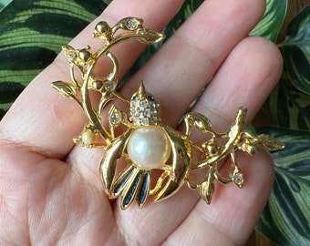 Bird Flower Brooch, Vintage Gold Bird on Flower Branch Brooch with Rhinestone and Pearl