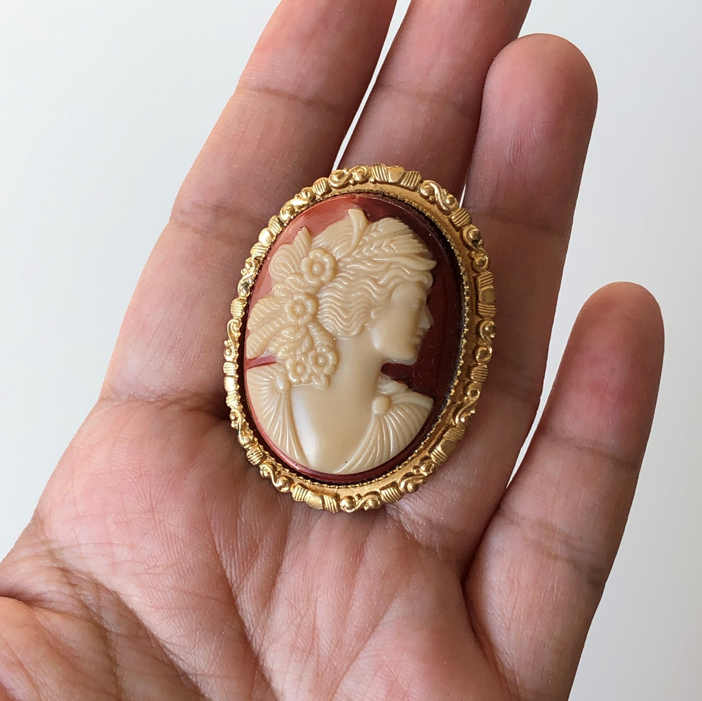 Vintage Signed Czechoslovakia Cameo Brooch Cameo Dress Clip
