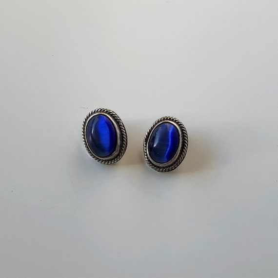 Vintage Mexican Silver Earrings with Blue Cabocho… - image 2
