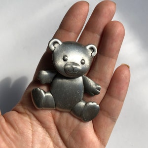 Signed JJ Silver Teddy Bear Brooch with Movable Head, Costume Jewelry