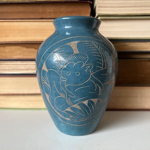 Blue Etched Ceramic Vase, Humming Bird, Monkey and Turtle Vase, Blue Pottery Vase