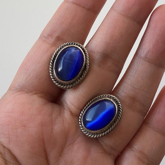 Vintage Mexican Silver Earrings with Blue Cabocho… - image 1