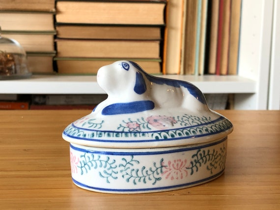 Cute Porcelain Dog Trinket Box with Flower Patter… - image 1