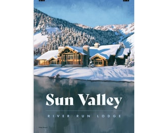 Póster de Sun Valley - BIG - River Run Lodge -Póster de esquí de Idaho - Póster de viaje de Idaho - Esquí de Idaho - Decoración de esquí - Arte de esquí