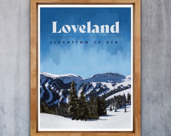 May include: A vintage-style poster with a blue sky and snowy mountain landscape. The text "Loveland" is in a bold white font, and the text "Elevation 13,010'" is in a smaller black font.