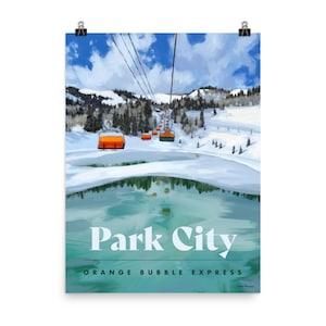 Póster de Park City - GRANDE - Orange Bubble Express -Cartel de esquí de Utah - Cartel de viaje de Utah - Esquí Utah - Arte de esquí de Utah - Decoración de esquí
