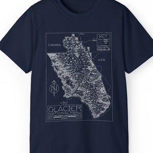 T-shirt avec carte dessinée à la main du parc national des Glaciers
