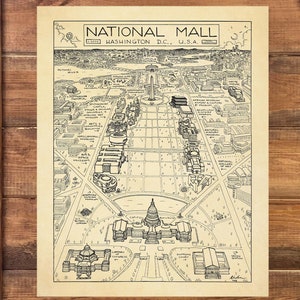 National Mall DC Mappa disegnata a mano Washington DC / Stampa artistica di Cryptocartography / USA Capitol Museums Stampa artistica Poster di cartografia d'epoca