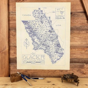 Carte du parc national des Glaciers dessinée à la main par cryptocartographie | Poster Carte du parc national des glaciers du Montana Impression artistique
