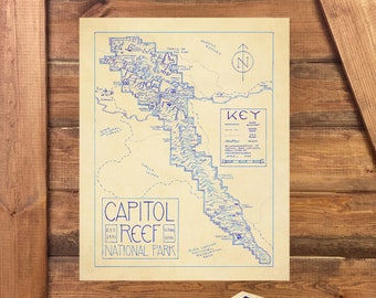 Capitol Reef National Park Map Hand-Drawn by Cryptocartography | Map of Capitol Reef Poster National Park Utah Art Print