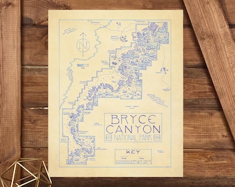 Bryce Canyon National Park Map Hand-Drawn by Cryptocartography | Map of Bryce Poster National Park Utah Art Print