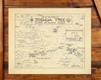 Joshua Tree & Yucca Valley Map Kunstdruck: Handgezeichnete Stadtkarte von Kalifornien