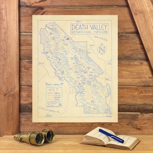 Death Valley National Park-kaart met de hand getekend door Cryptocartography | Kaart van Death Valley Poster Nationaal Park Californië Nevada Art Print