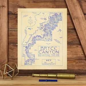 Carte du parc national de Bryce Canyon dessinée à la main par cryptocartographie | Carte de Bryce Poster National Park Utah Impression artistique