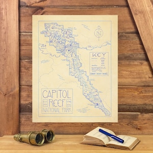 Carte du parc national de Capitol Reef dessinée à la main par cryptocartographie | Carte de l'affiche du parc national de Capitol Reef, Utah Impression artistique