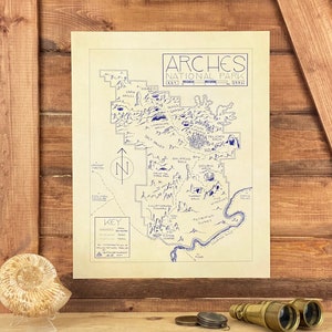 Carte du parc national des Arches dessinée à la main par cryptocartographie | Carte d'Arches Poster National Park Utah Impression artistique
