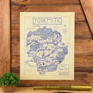 Carte du parc national de Yosemite dessinée à la main par cryptocartographie | Affiche de la carte du parc national de Yosemite en Californie Impression artistique