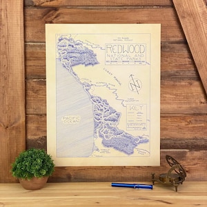 Redwood National & State Parks Map Hand-Drawn by Cryptocartography Map of Redwoods Poster National Park California Art Print image 1