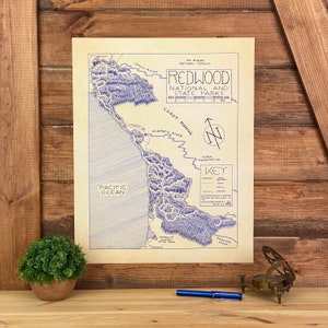 Carte des parcs nationaux et régionaux de Redwood dessinée à la main par cryptocartographie | Carte des séquoias Poster National Park California Impression artistique