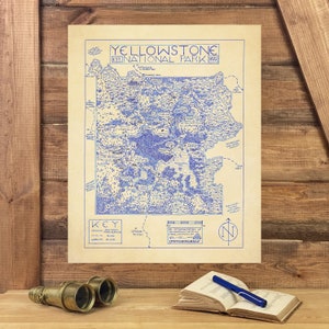 Carte du parc national de Yellowstone dessinée à la main par cryptocartographie | Carte de Yellowstone Poster Parc national du Wyoming Impression artistique