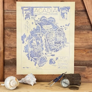 Carte du parc national d'Acadia dessinée à la main par cryptocartographie | Carte de l'Acadie, affiche du parc national du Maine Impression artistique