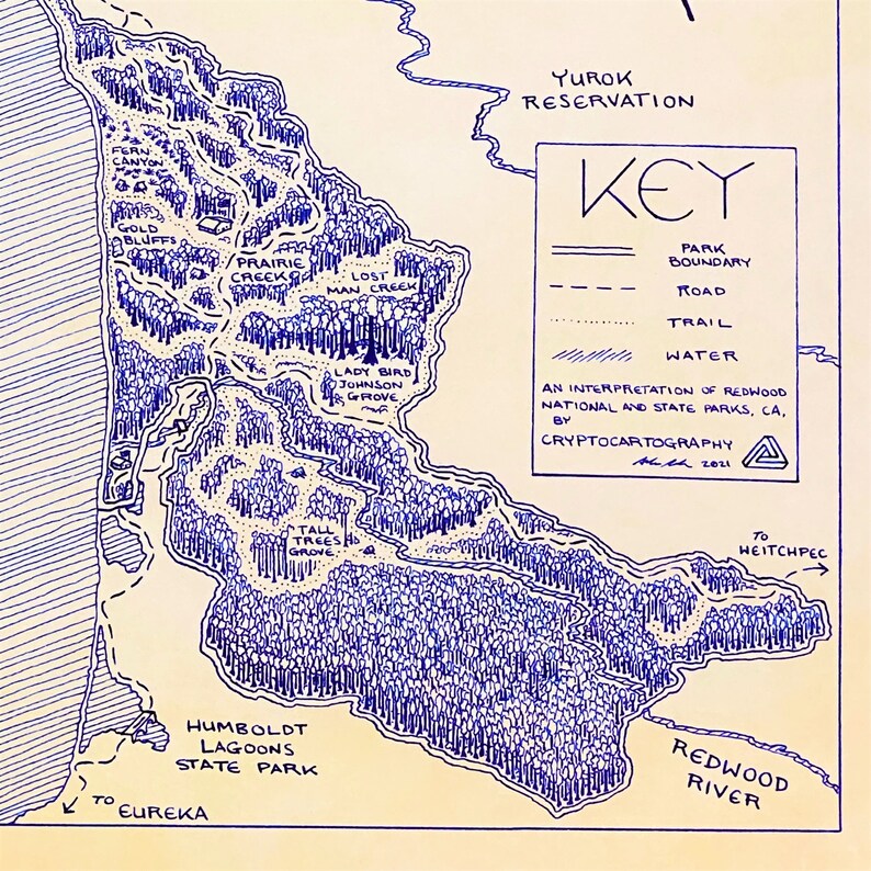 Redwood National & State Parks Map Hand-Drawn by Cryptocartography Map of Redwoods Poster National Park California Art Print image 6