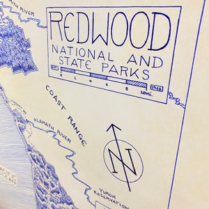 Redwood National & State Parks Map Hand-Drawn by Cryptocartography Map of Redwoods Poster National Park California Art Print image 7