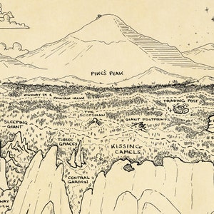 May include: A black and white line drawing of a mountain range with various landmarks labeled, including "Pikes Peak", "Sleeping Giant", "The Scotsman", "Giant Footprints", "Kissing Camels", "Three Graces", "Central Garden", and "Trading Post".