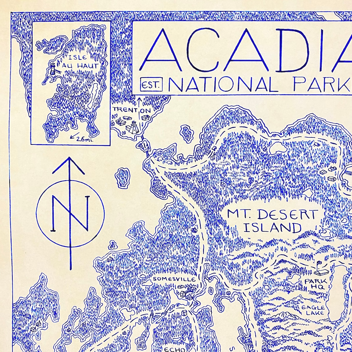 Acadia National Park Hand-Drawn Map Print | Etsy