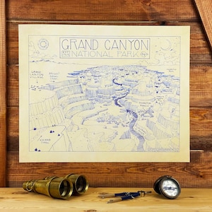 Carte du parc national du Grand Canyon dessinée à la main par cryptocartographie | Affiche de la carte du Grand Canyon Parc national de l'Arizona Impression artistique