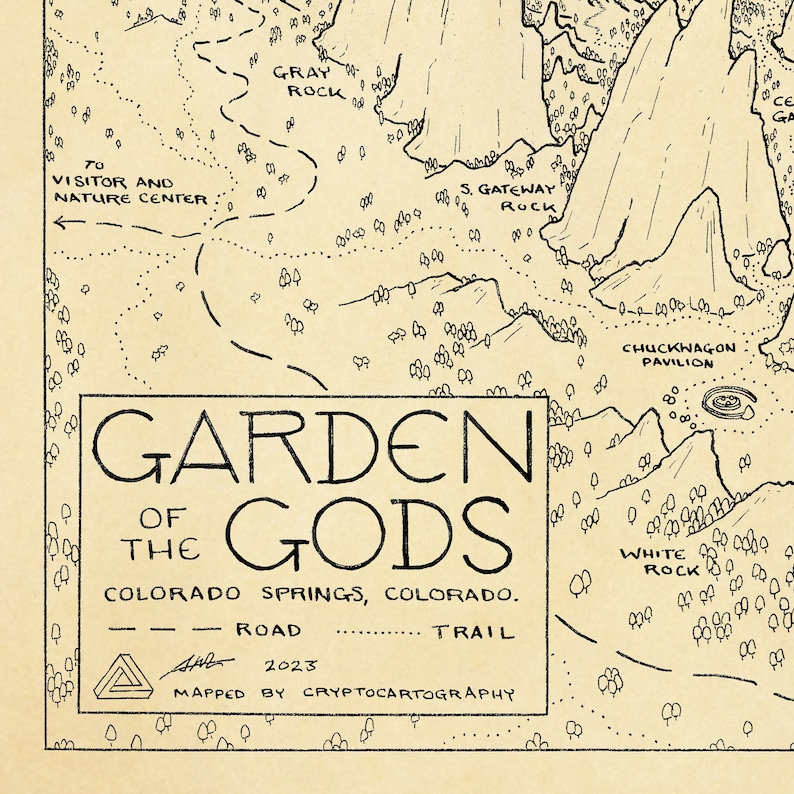 May include: A black and white map of Garden of the Gods in Colorado Springs, Colorado. The map shows trails, roads, and points of interest, including the Visitor and Nature Center, Gray Rock, S. Gateway Rock, Chuckwagon Pavilion, and White Rock. The map is titled "Garden of the Gods" and includes the text "Mapped by Cryptocartography" and the year "2023".