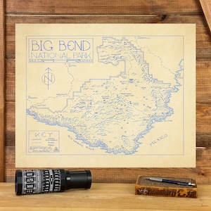 Carte du parc national de Big Bend dessinée à la main par cryptocartographie | Carte de Big Bend Poster National Park Texas Impression artistique