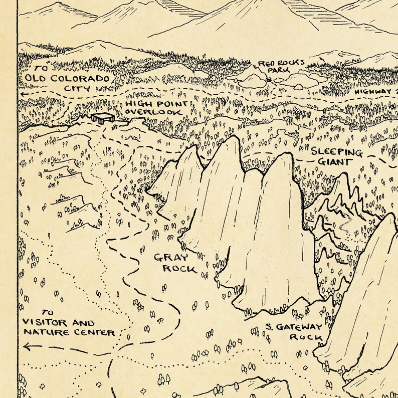 May include: A black and white line drawing map of a park with trails and landmarks. The map shows the location of the Sleeping Giant, Gray Rock, S. Gateway Rock, High Point Overlook, Red Rocks Park, and the Visitor and Nature Center. The map also includes text indicating the location of Old Colorado City and Highway 24.