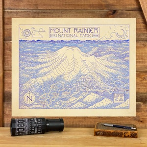 Carte du parc national du Mont Rainier dessinée à la main par cryptocartographie | Carte du mont Rainier Poster National Park Washington Impression artistique