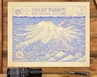 Mount Rainier National Park Art Print: Hand-Drawn Map Poster