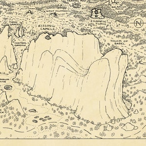May include: A black and white line drawing of a map with various landmarks, including the "Three Graces", "Kissing Camels", "Siamese Twins", "Balanced Rock", and "Tower of Babel".