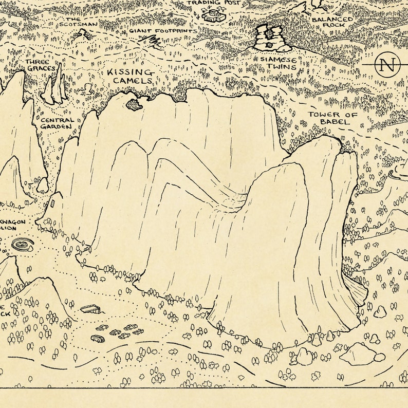 May include: A black and white line drawing of a map with various landmarks, including the "Three Graces", "Kissing Camels", "Siamese Twins", "Balanced Rock", and "Tower of Babel".