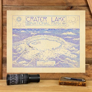 Crater Lake Nationalpark Karte Handgezeichnet mit Kryptokartographie | Karte von Crater Lake Poster Nationalpark, Oregon Kunstdruck