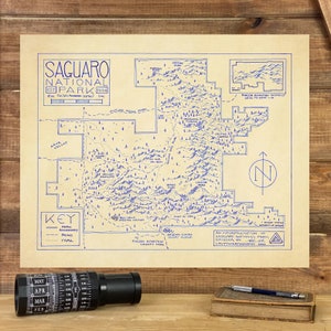 Carte du parc national de Saguaro dessinée à la main par cryptocartographie | Carte de Saguaro Poster Parc national de l'Arizona Impression artistique