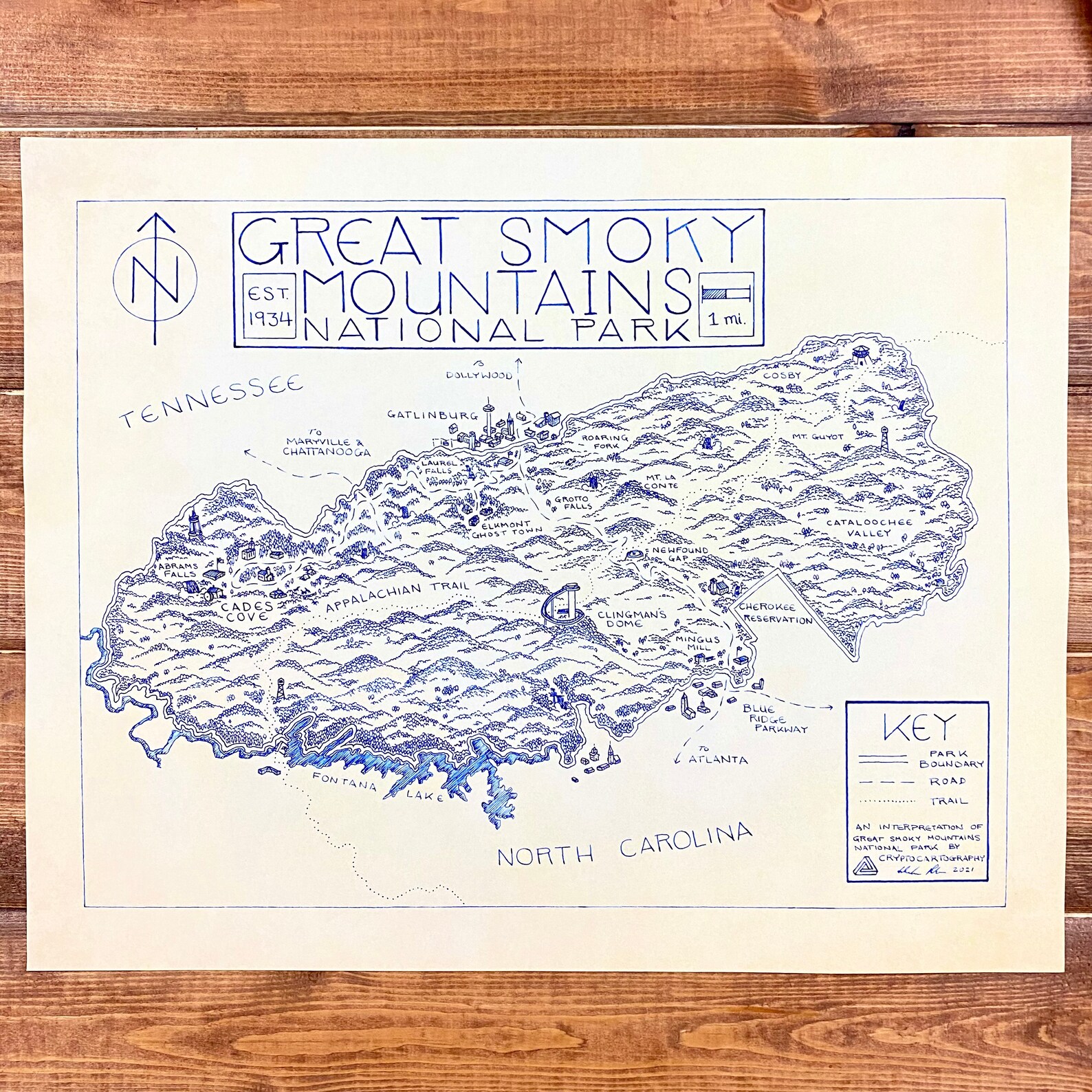 Great Smoky Mountains National Park Hand-Drawn Map Print | Etsy